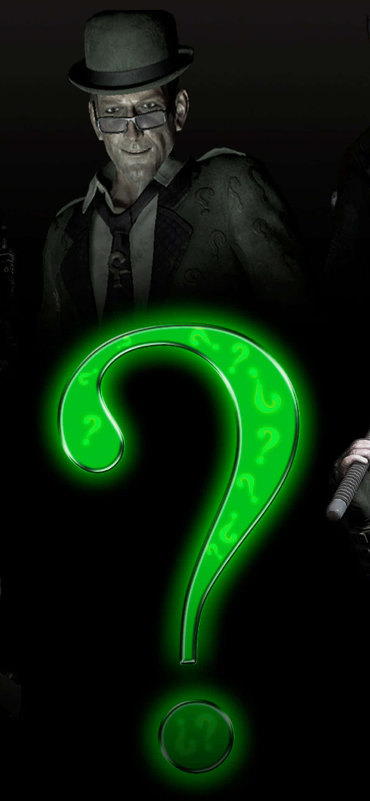 iPhone Xs Max Batman Arkham City 桌布 壁紙 — 一個戴著高帽和眼鏡的神秘男人站在一個充滿較小問號的發光綠色問號後面。