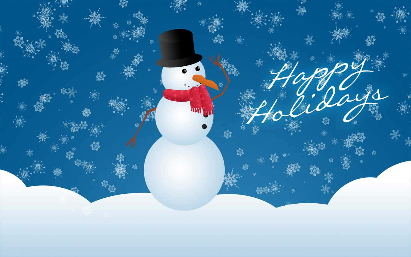  壁紙 — 一個戴著高帽和紅色圍巾的快樂雪人在雪藍色的天空下揮手，雪花飄落，並有'Happy Holidays'字樣。