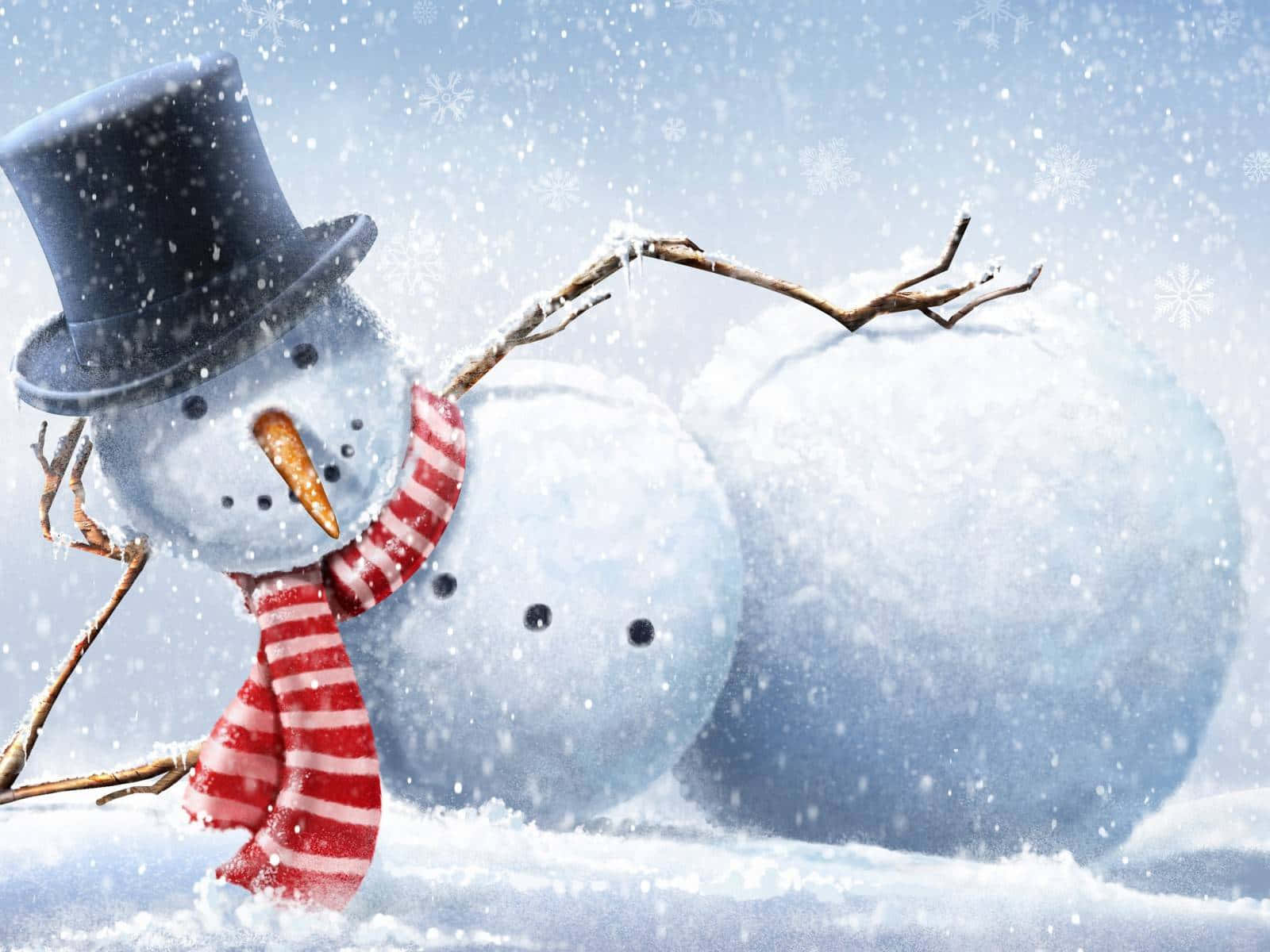 搞笑聖誕 桌布 壁紙 — 一個戴著高帽和紅色圍巾的快樂雪人站在雪景中，雪花在周圍飄落。