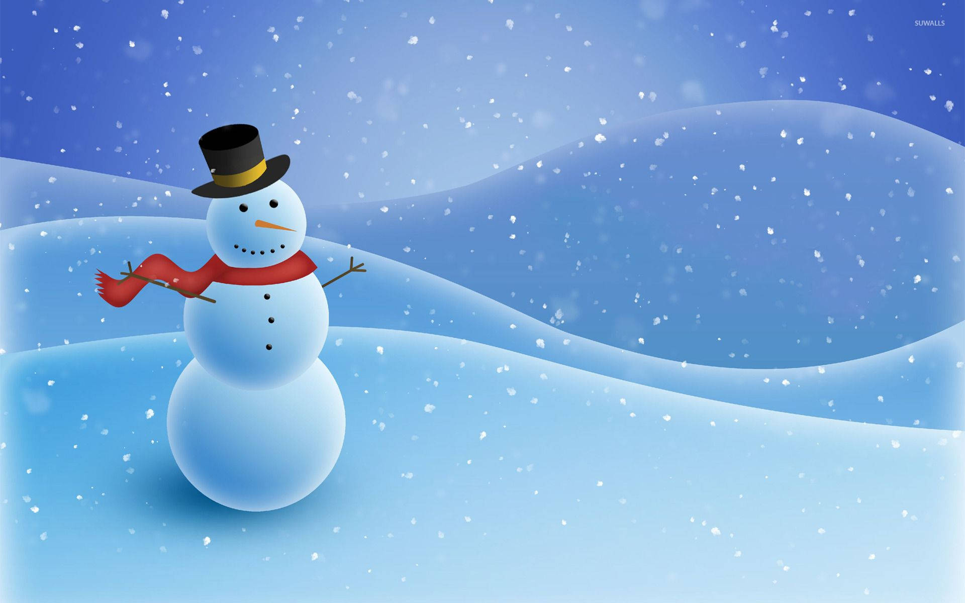 雪人 桌布 壁紙 — 一個戴著高帽和紅色圍巾的快樂雪人站在雪地上，雪花飄落，背景是藍色漸層的天空。