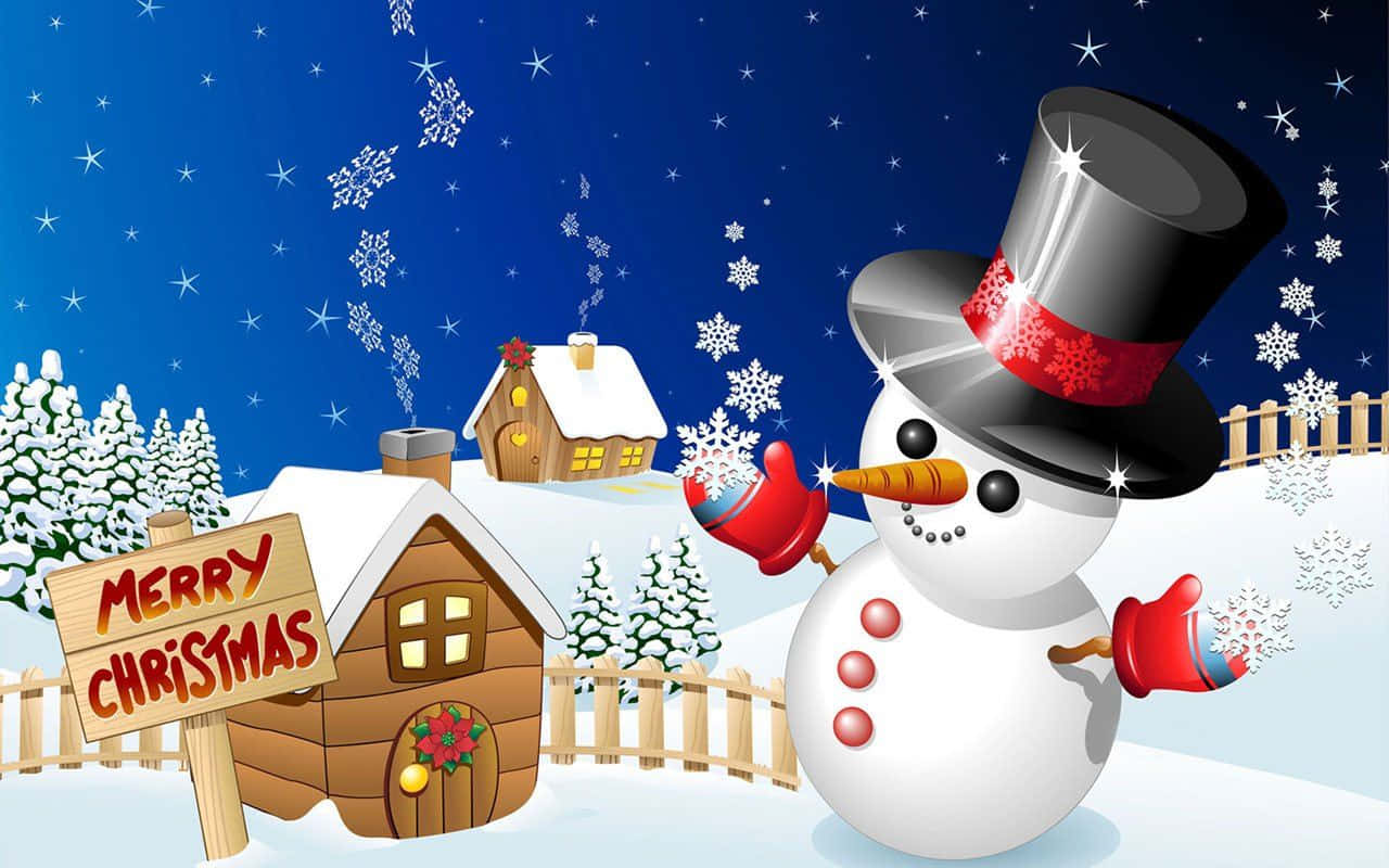 Christmas Snowman 桌布 壁紙 — 一個戴著高帽和紅色手套的快樂雪人，在繁星點點的冬夜天空下，在舒適的雪覆蓋小屋附近扔雪花。