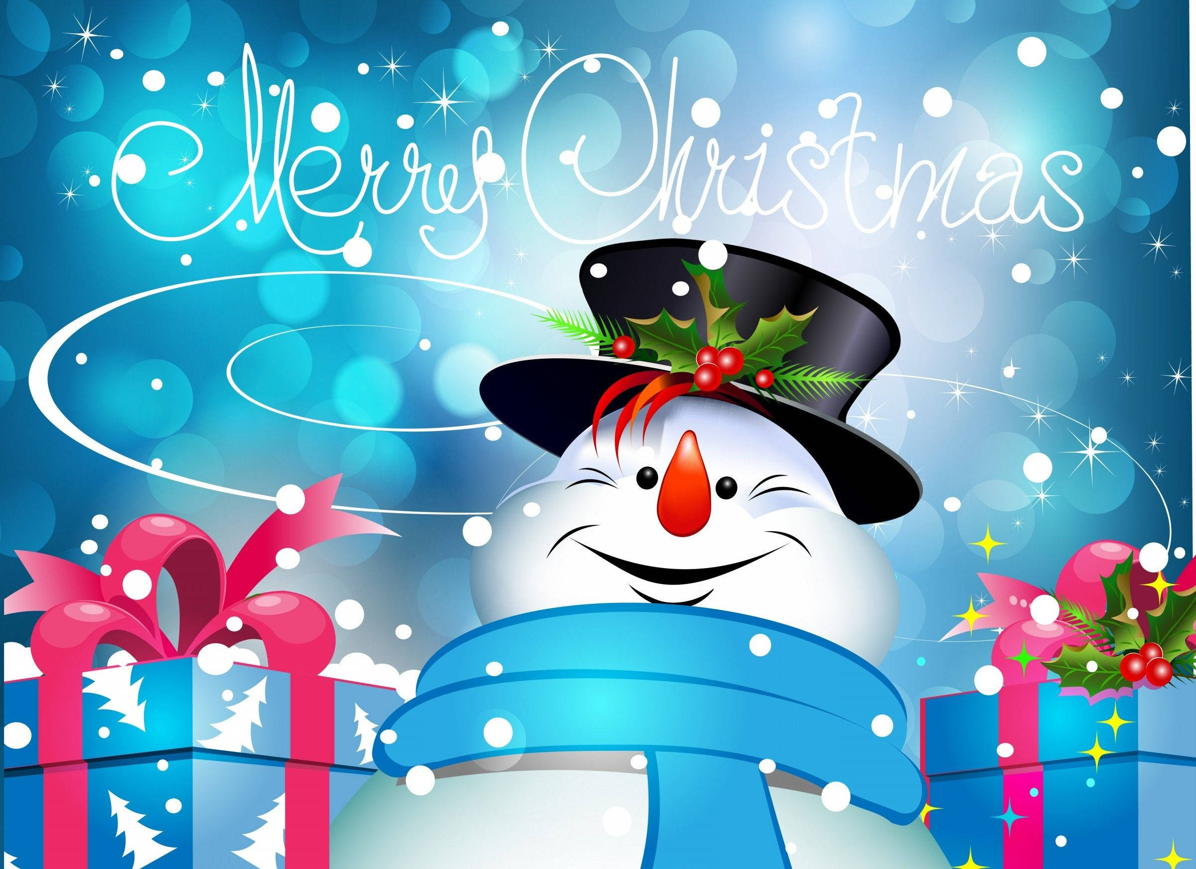 Greetings 桌布 壁紙 — 一個戴著高帽和藍色圍巾的快樂雪人，在閃爍的藍色背景旁，對著包裝好的聖誕禮物微笑。