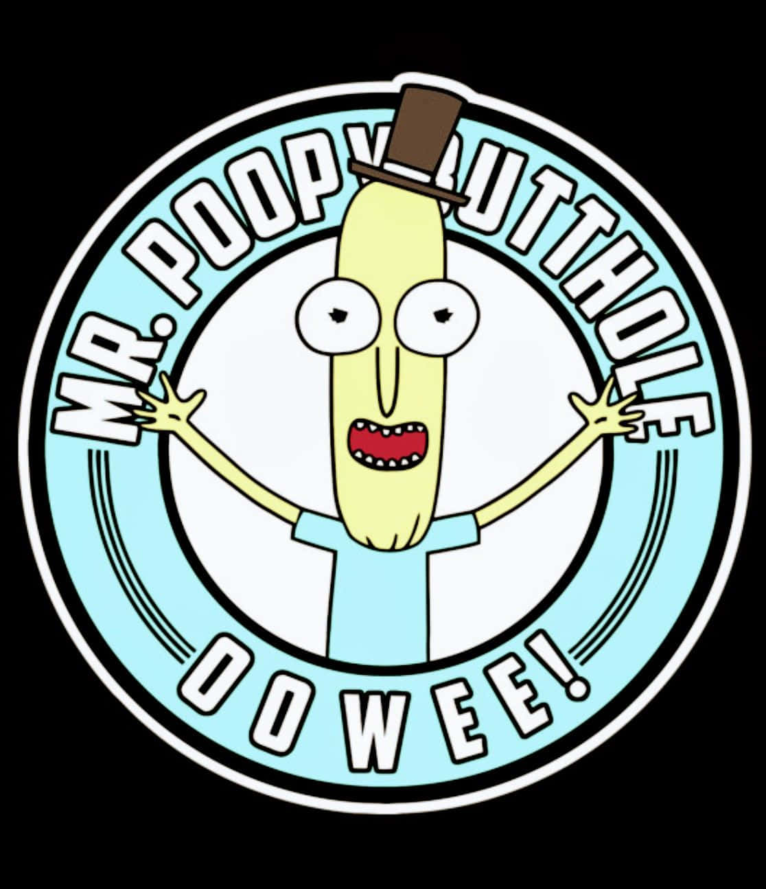 Mr Poopybutthole 桌布 壁紙 — 一個戴著高帽和藍色襯衫的卡通香蕉角色在帶有文字的圓形標誌內歡呼。