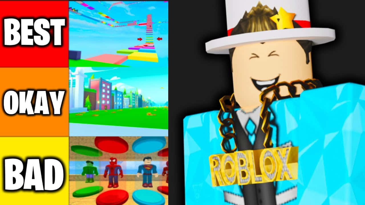 Roblox 桌布 壁紙 — 一個戴著高帽和金色鏈條的Roblox虛擬角色站在一幅色彩繽紛的遊戲場景拼貼畫旁邊，標籤為最好、可以與差。