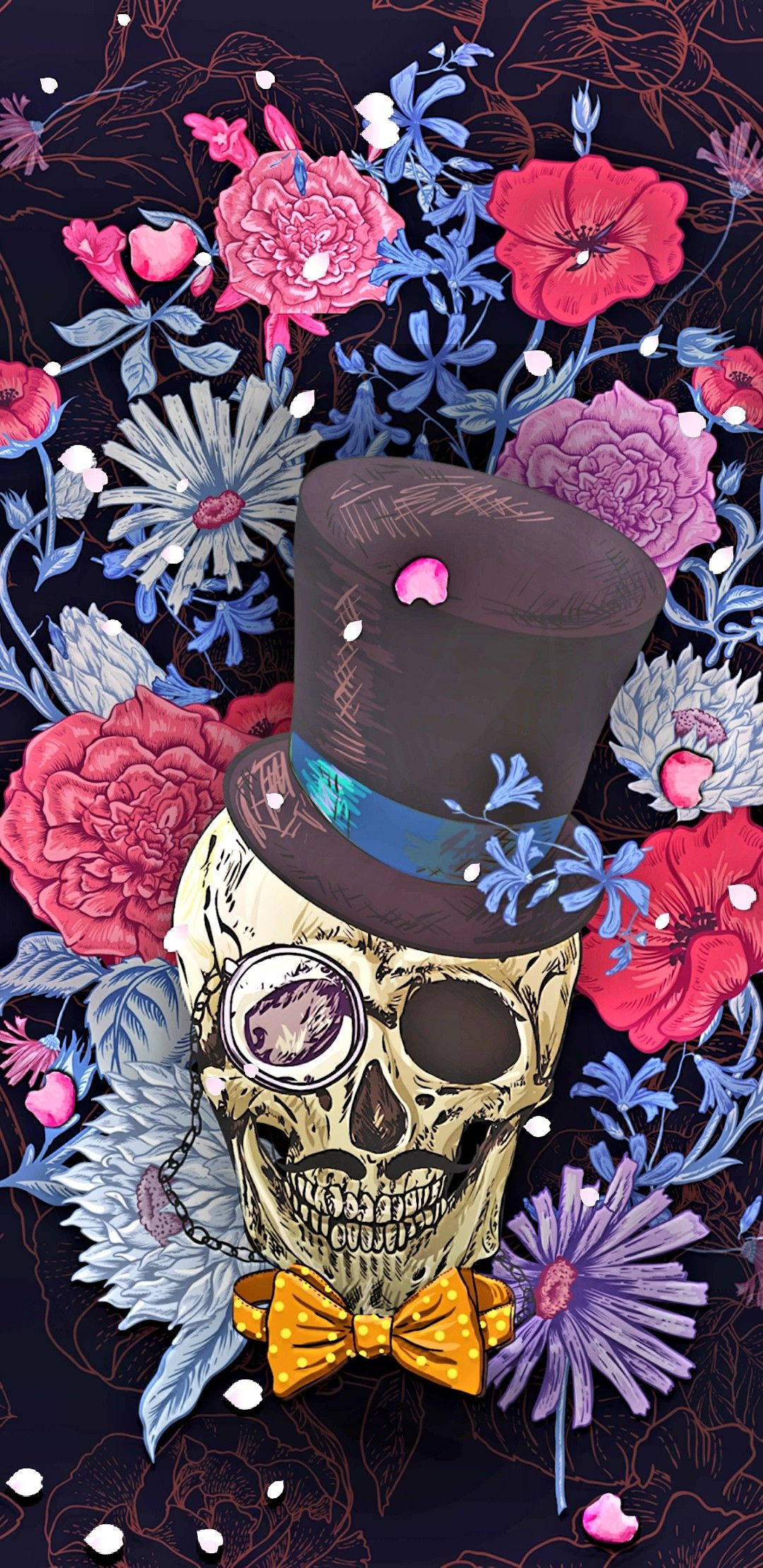 dead 桌布 壁紙 — 一個戴著高帽和領結的骷髏頭，在深色背景下被鮮豔的粉紅色和藍色花朵包圍。