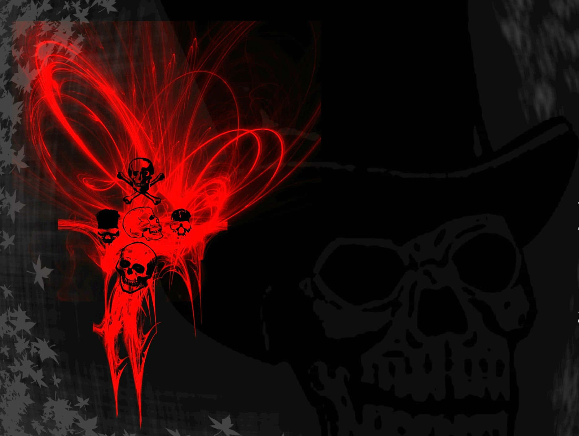 Evil Skull 桌布 壁紙 — 一個戴著高帽的可怕黑色骷髏，在黑暗的星空背景下，籠罩著鮮紅色旋轉的能量和較小的骷髏。