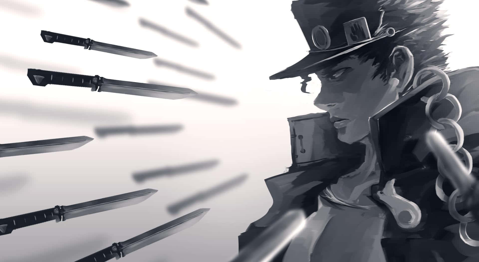 Jojo 桌布 壁紙 — 一個戴著高帽的單色動漫角色揮舞著鎖鏈，刀片在他周圍飛舞，形成一個動態的動作場景。