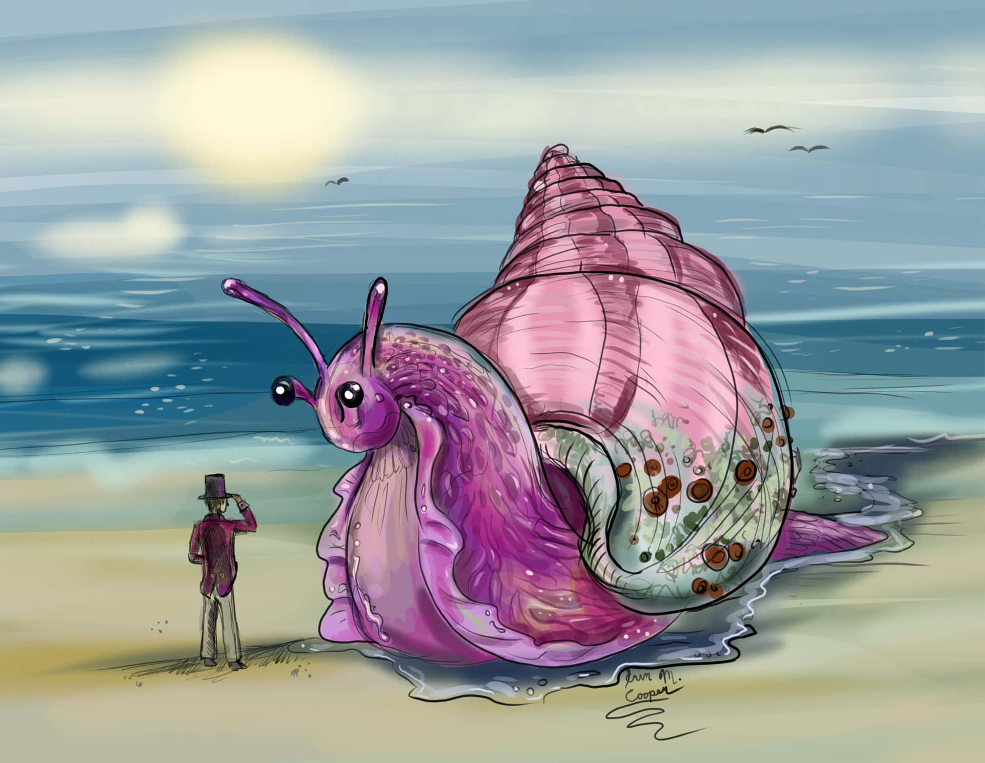 Pink Snail 桌布 壁紙 — 一個戴著高帽的小男人，在燦爛的陽光下，敬畏地站在海灘上一隻巨大的粉紅色蝸牛旁邊。