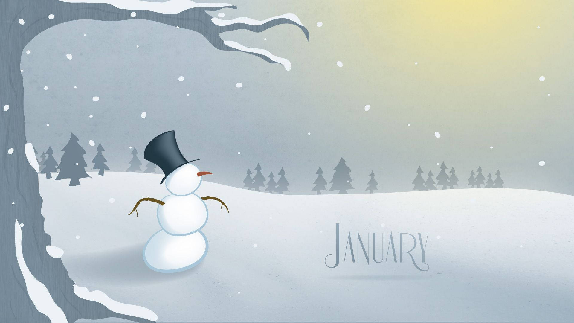一月 桌布 壁紙 — 一個戴著高帽的快樂雪人站在雪白的冬日風景中，天空柔和黃色，雪花飄落。