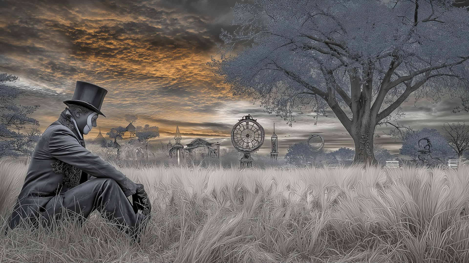 Time Traveler in a Surreal Victorian Dreamscape 壁紙 — 一個戴著高帽的面具人物坐在高草叢中，面前是超現實的風景，有巨樹和發條結構，背景是戲劇性的日落天空。