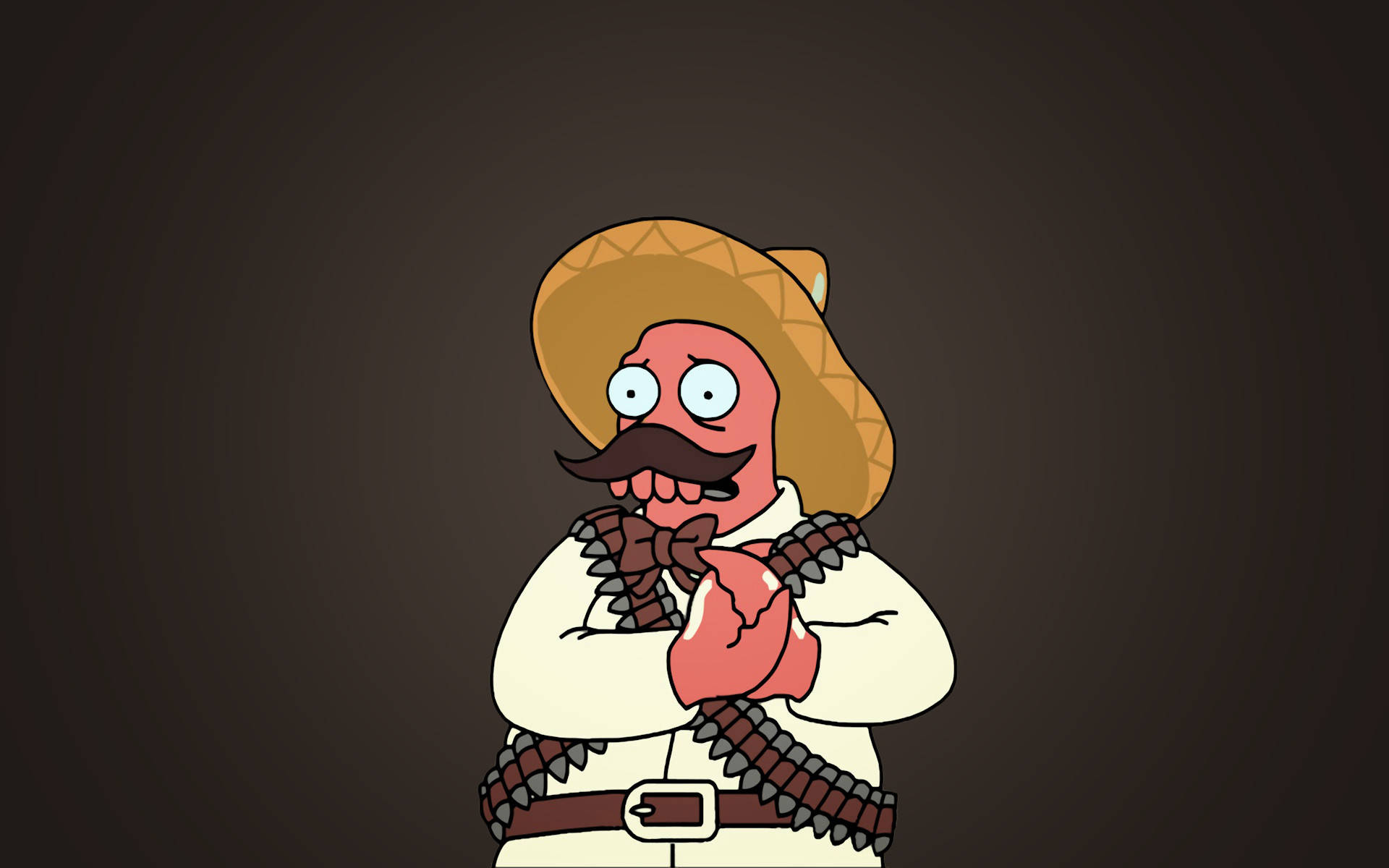 Zoidberg 桌布 壁紙 — 一個戴著鬍子、穿著墨西哥闊邊帽的卡通角色，在深棕色背景上拿著一條子彈帶。