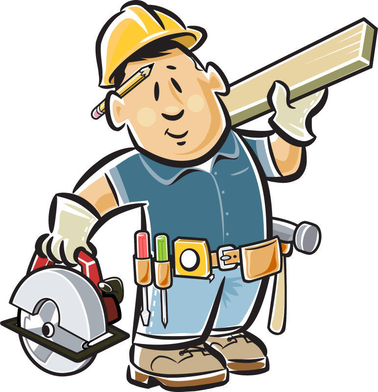Renovation 桌布 壁紙 — 一個戴著黃色安全帽的快樂卡通建築工人，拿著一塊木板，手持圓鋸，並佩戴工具腰帶。