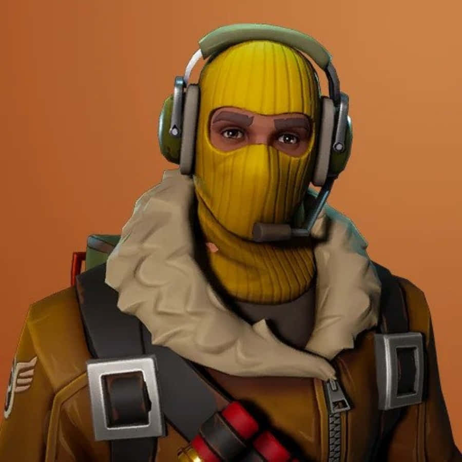 Fortnite Skins Battle Royale 桌布 壁紙 — 一個戴著黃色巴拉克拉法帽和耳機的角色，在橙色背景前穿著一件帶毛領的棕色外套。