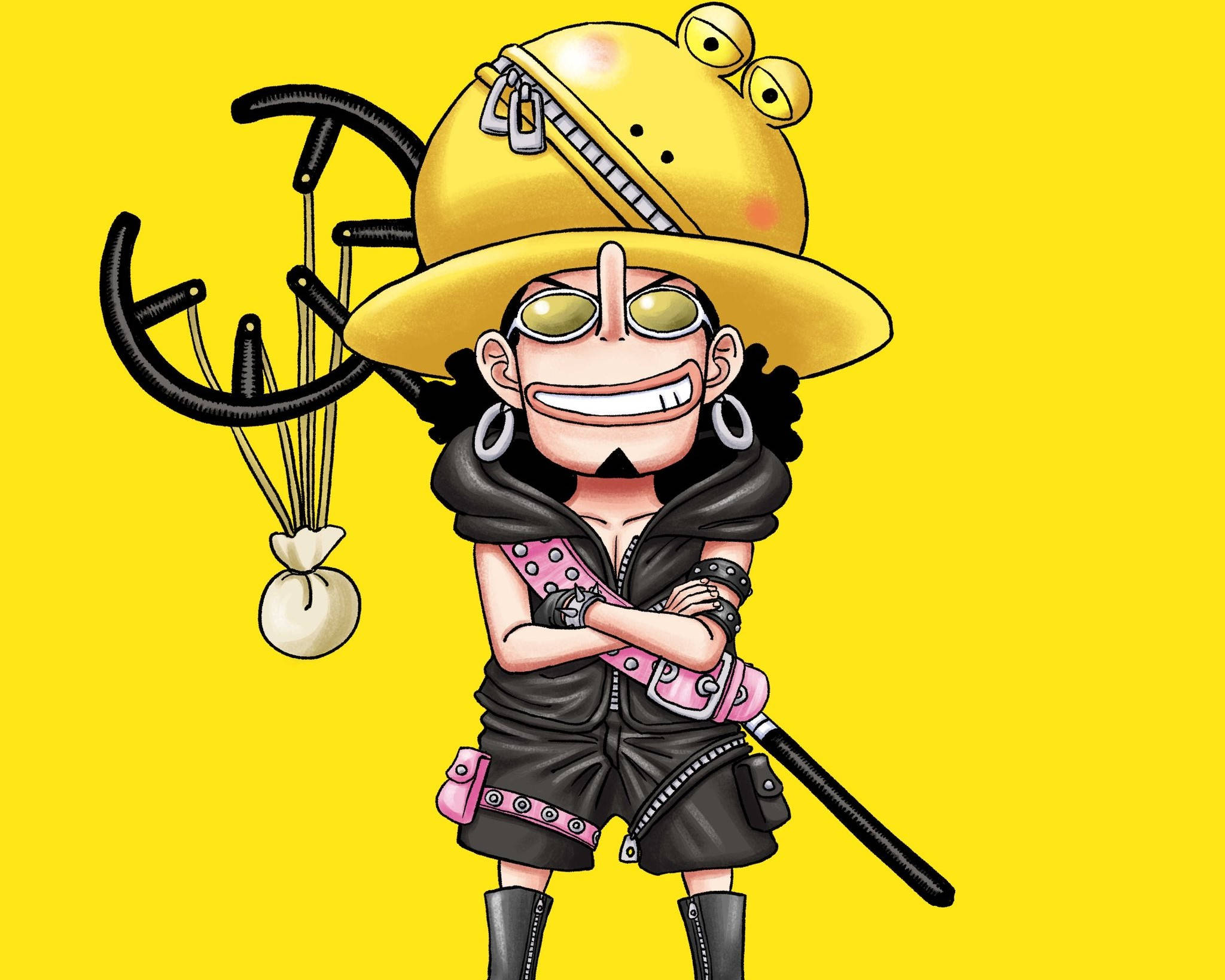 航海王 騙人布 桌布 壁紙 — 一個戴著黃色帽子和太陽眼鏡的開朗動畫海盜，自信地站在明亮的黃色背景前。