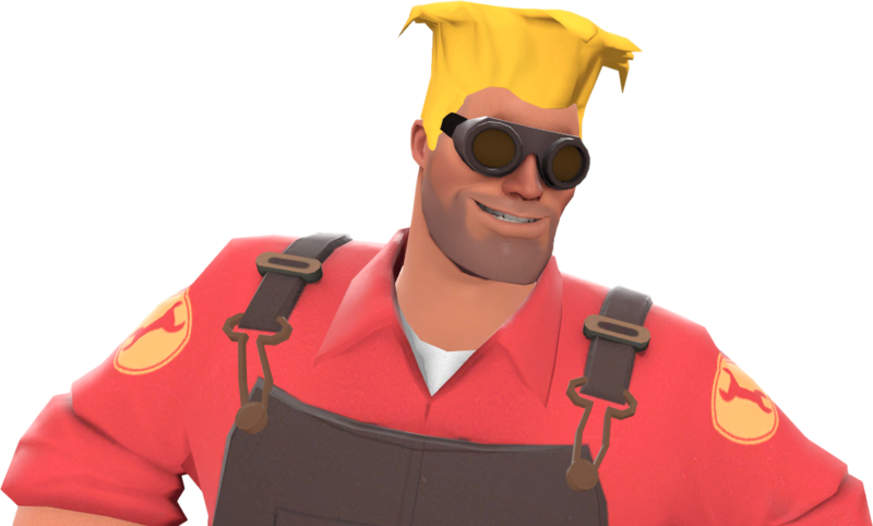 Tf2 桌布 壁紙 — 一個戴著黃色帽子和護目鏡的開心卡通廚師，穿著紅色襯衫和棕色工裝褲微笑。