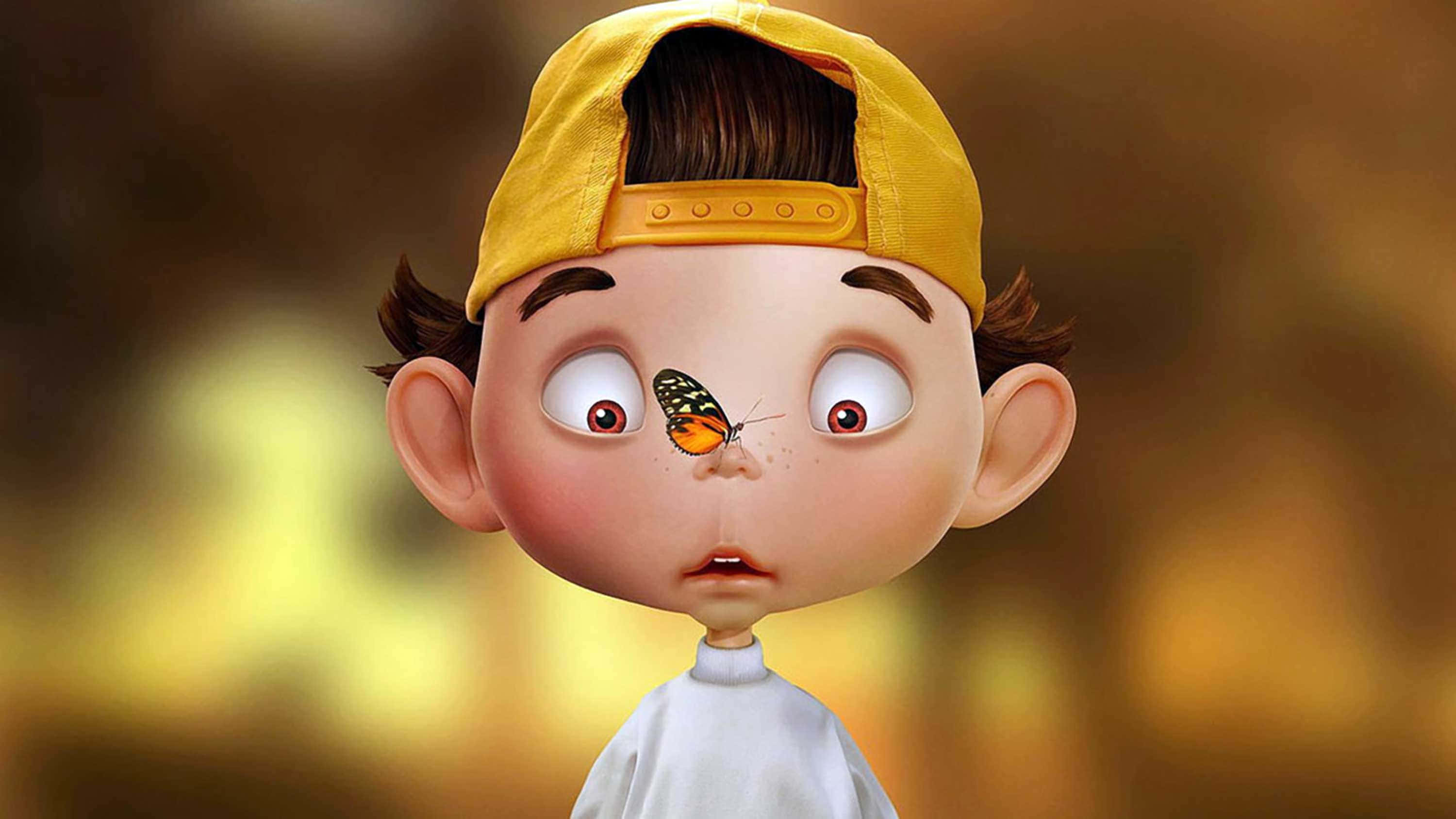 Animated 桌布 壁紙 — 一個戴著黃色帽子的卡通男孩，睜大眼睛，看著一隻色彩繽紛的蝴蝶落在他的鼻子上，背景是溫暖的金色模糊。