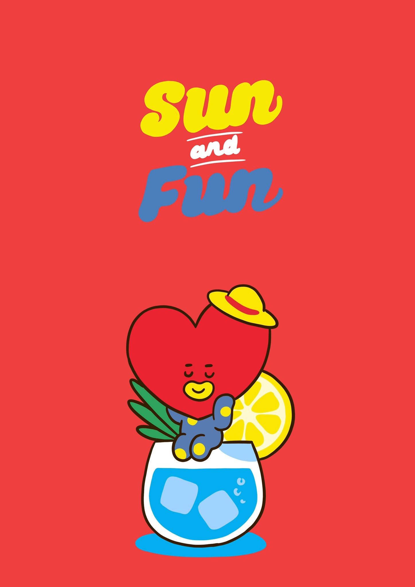 塔塔 BT21 桌布 壁紙 — 一個戴著黃色帽子的開心紅色心形角色坐在一杯有冰塊、檸檬片和薄荷的藍色飲料上。
