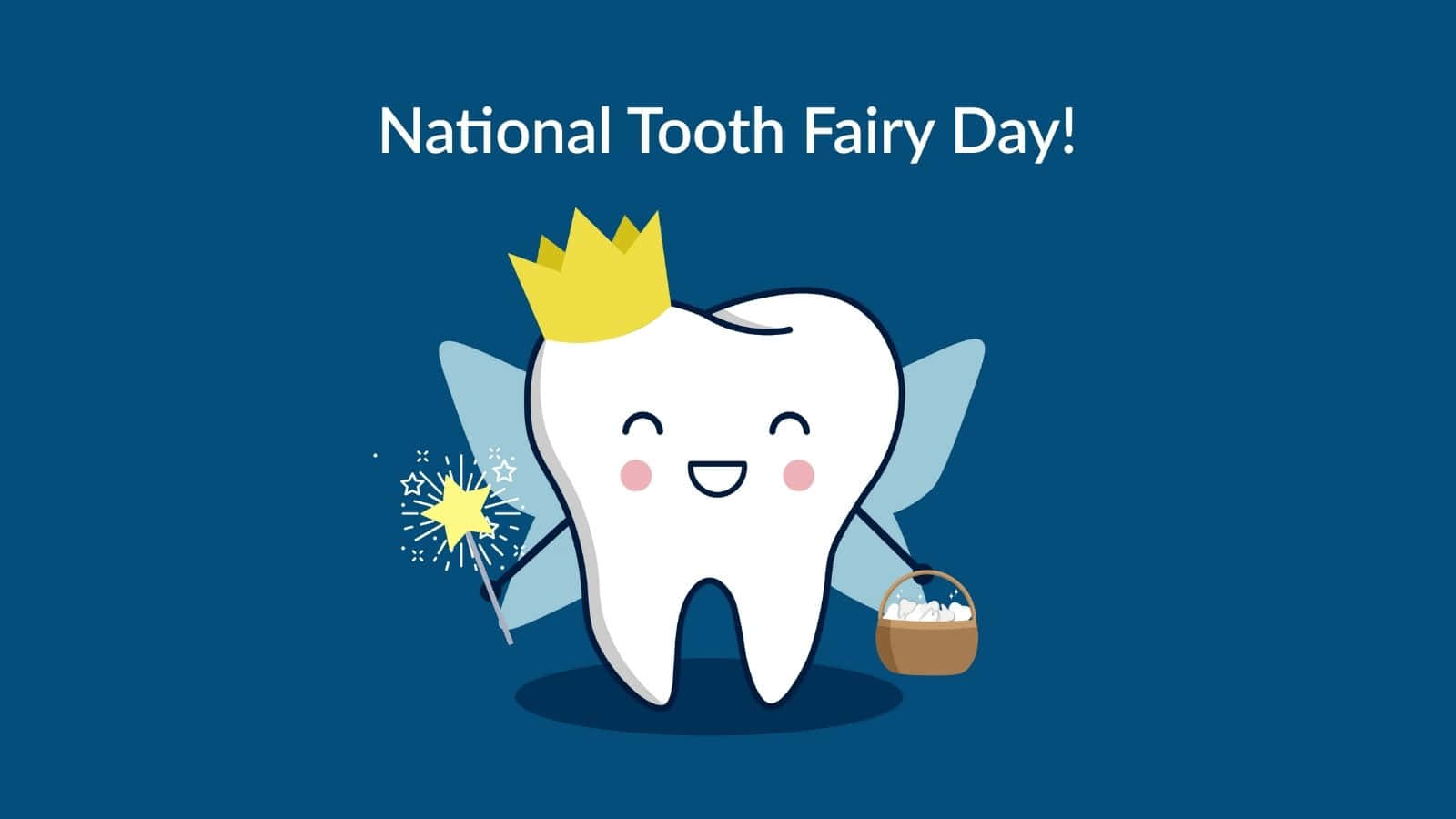 Tooth Fairy 桌布 壁紙 — 一個戴著黃色皇冠和藍色翅膀的開心牙仙子，在深藍色背景前，拿著一支閃閃發光的魔法棒和一個裝滿硬幣的籃子。