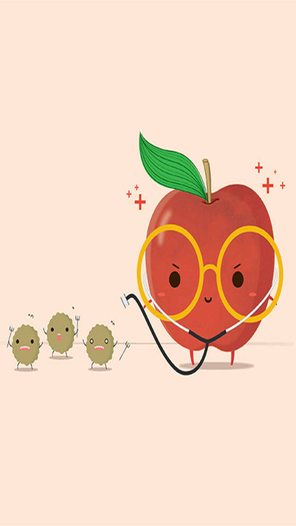 搞笑 iPhone 桌布 壁紙 — 一個戴著黃色眼鏡和聽診器的開心紅蘋果，正在檢查三個拿著叉子、脾氣暴躁的綠色小微生物。