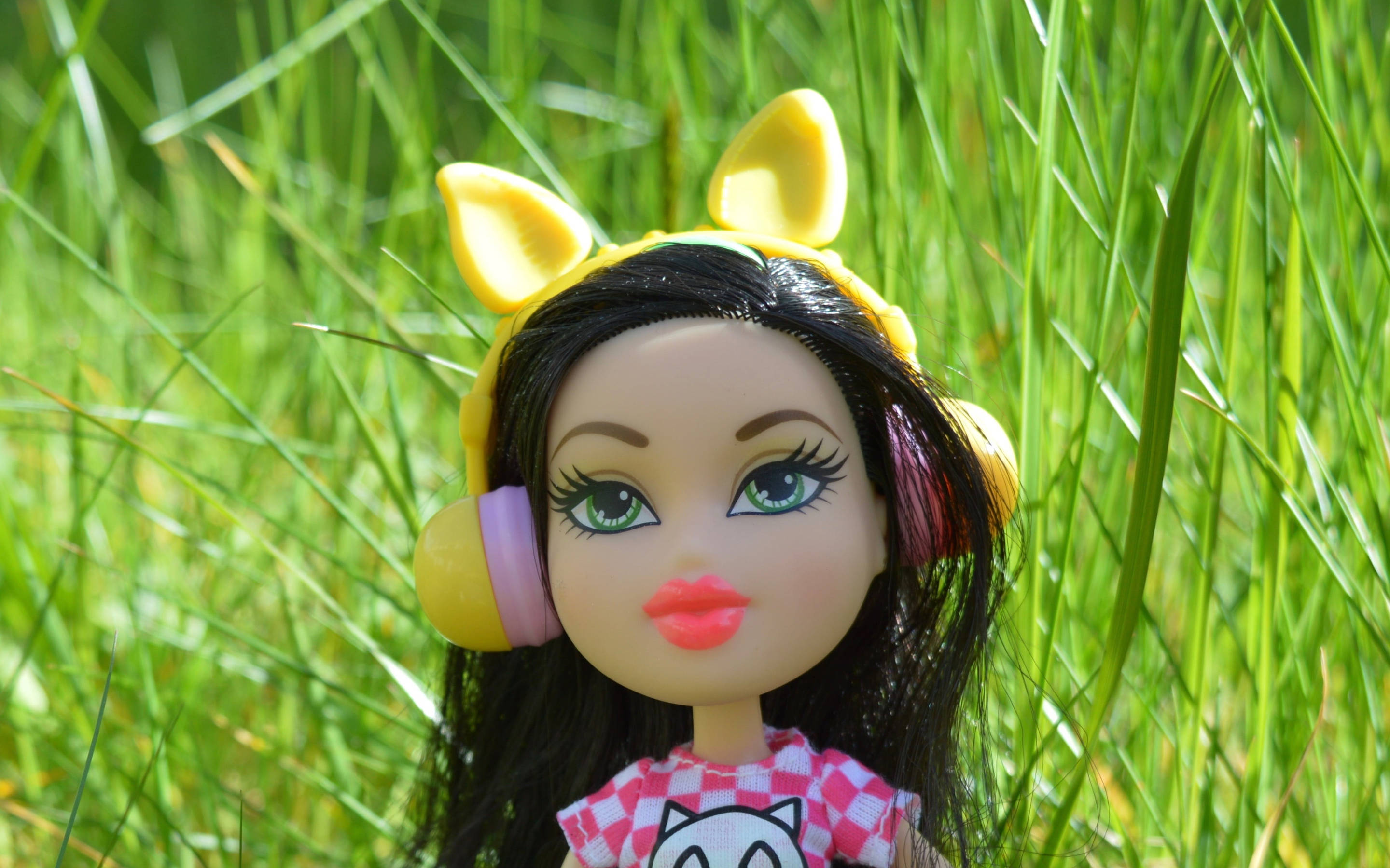Bratz 桌布 壁紙 — 一個戴著黃色貓耳和耳機的洋娃娃坐在陽光下明亮的綠色草地上。