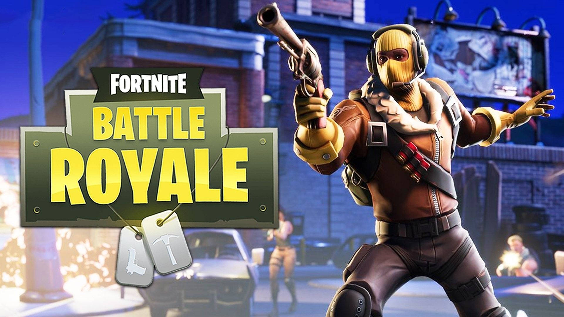 Fortnite 桌布 壁紙 — 一個戴著黃色面具、身穿棕色裝備的Fortnite Battle Royale角色，在有著發光招牌的城市背景下瞄準手槍。
