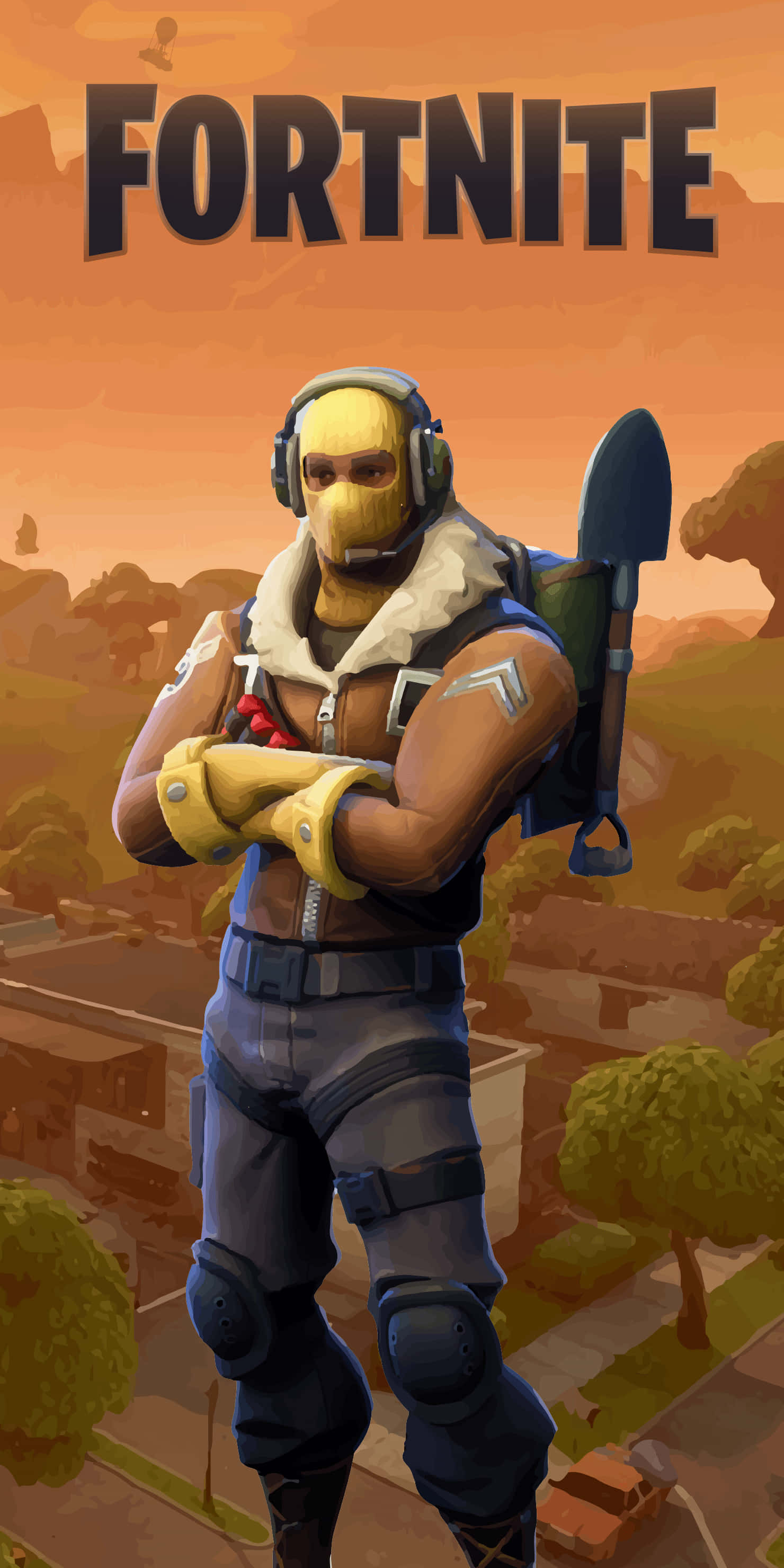 Fortnite Character 桌布 壁紙 — 一個戴著黃色面具和藍色裝備的Fortnite角色，在溫暖的日落背景下自信地交叉雙臂站立。