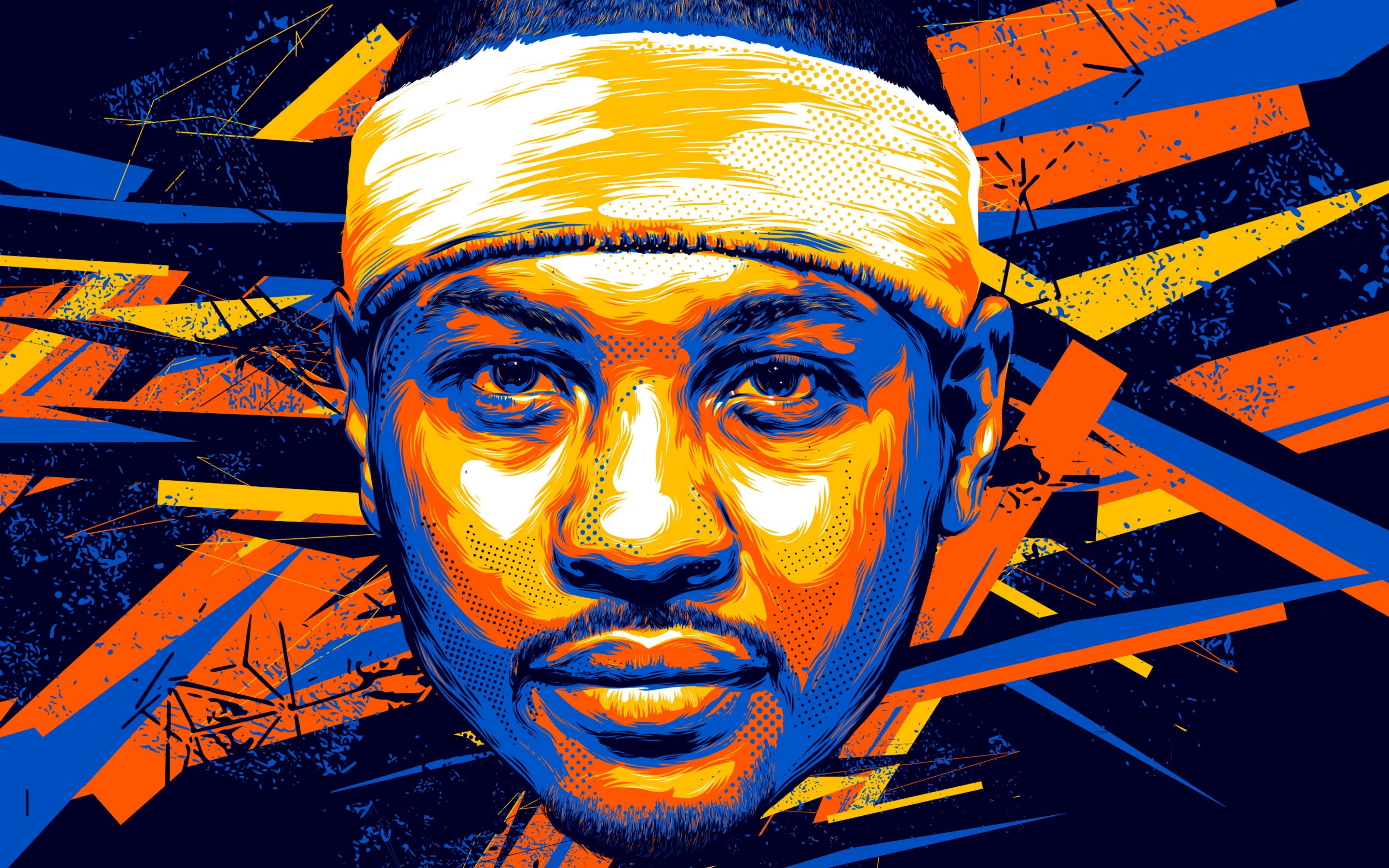 Carmelo 桌布 壁紙 — 一個戴著黃色頭帶的男士的風格化肖像，背景是動態的藍色和橙色抽象圖案。