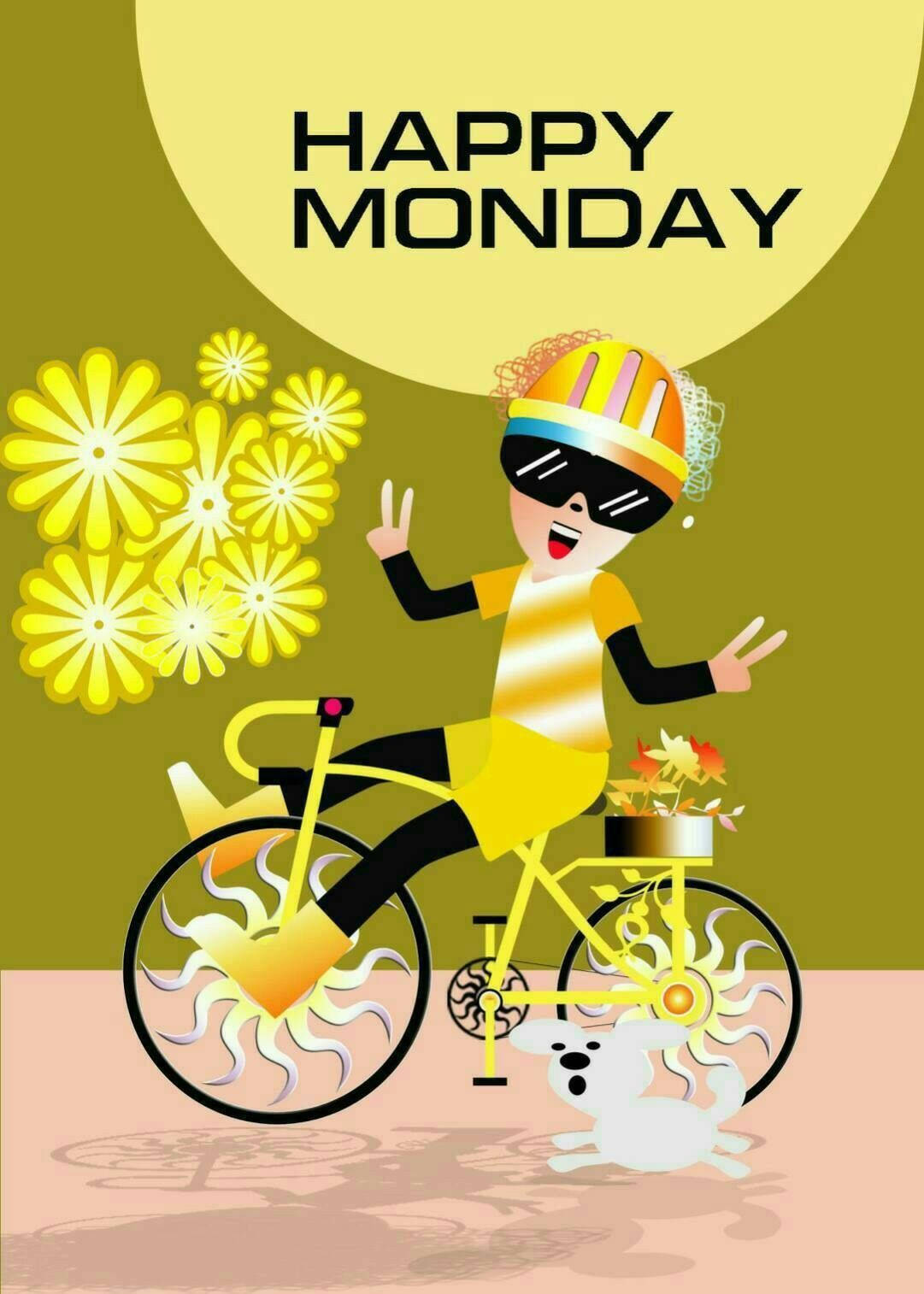 Happy Monday 桌布 壁紙 — 一個戴著黃色頭盔、身穿條紋襯衫的快樂卡通腳踏車騎士，騎著一輛帶有太陽光輪的亮黃色腳踏車，經過黃色花朵，在一輪巨大的黃色月亮下。