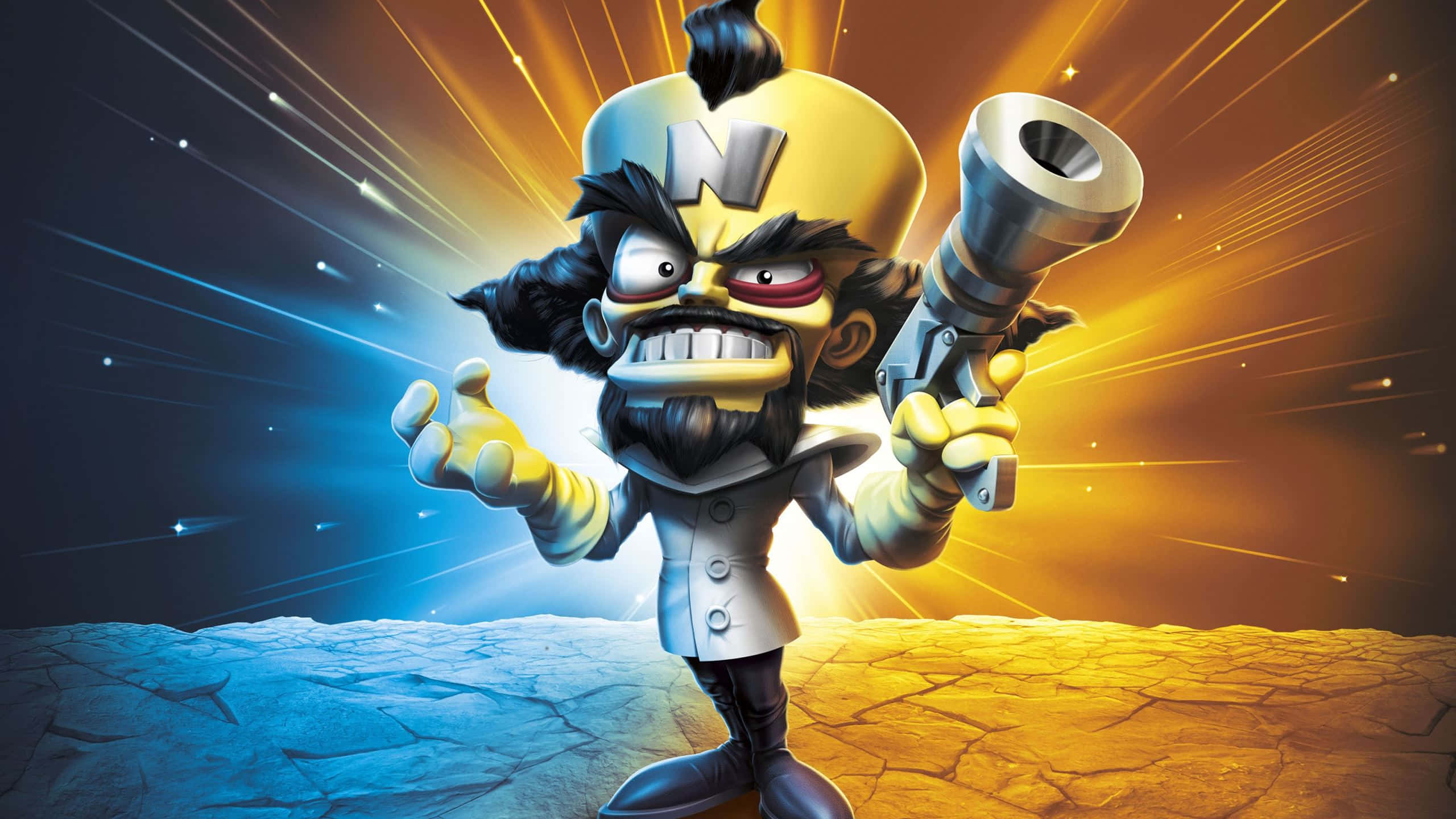 Skylanders 桌布 壁紙 — 一個戴著黃色頭盔、頭髮凌亂的卡通科學家，在藍色和金色條紋的宇宙背景下揮舞著一把大槍。