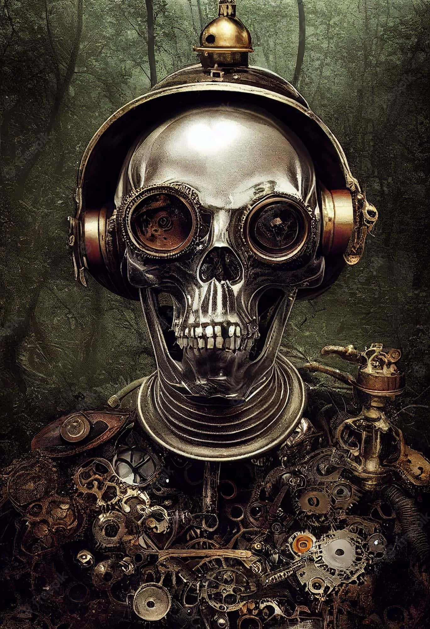 Dark Steampunk 桌布 壁紙 — 一個戴著黃銅護目鏡和耳機的蒸氣龐克頭骨從黑暗的森林中浮現，周圍環繞著複雜的齒輪和管道。