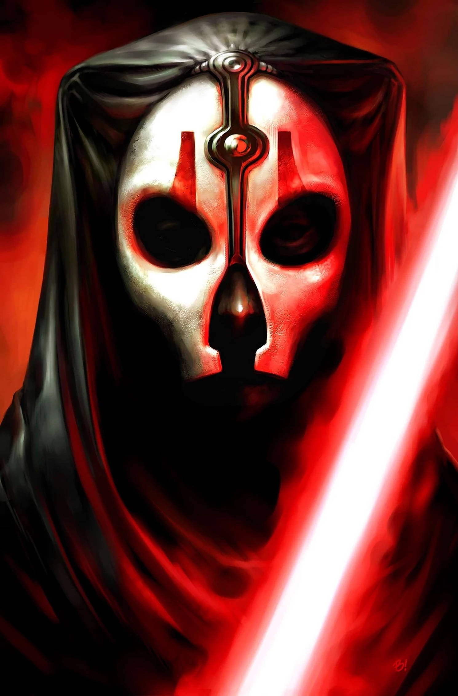 Darth Nihilus 桌布 壁紙 — 一個戴著黑色兜帽、手持紅色光劍的威脅性蒙面人物，在熾熱的紅色背景前發光。