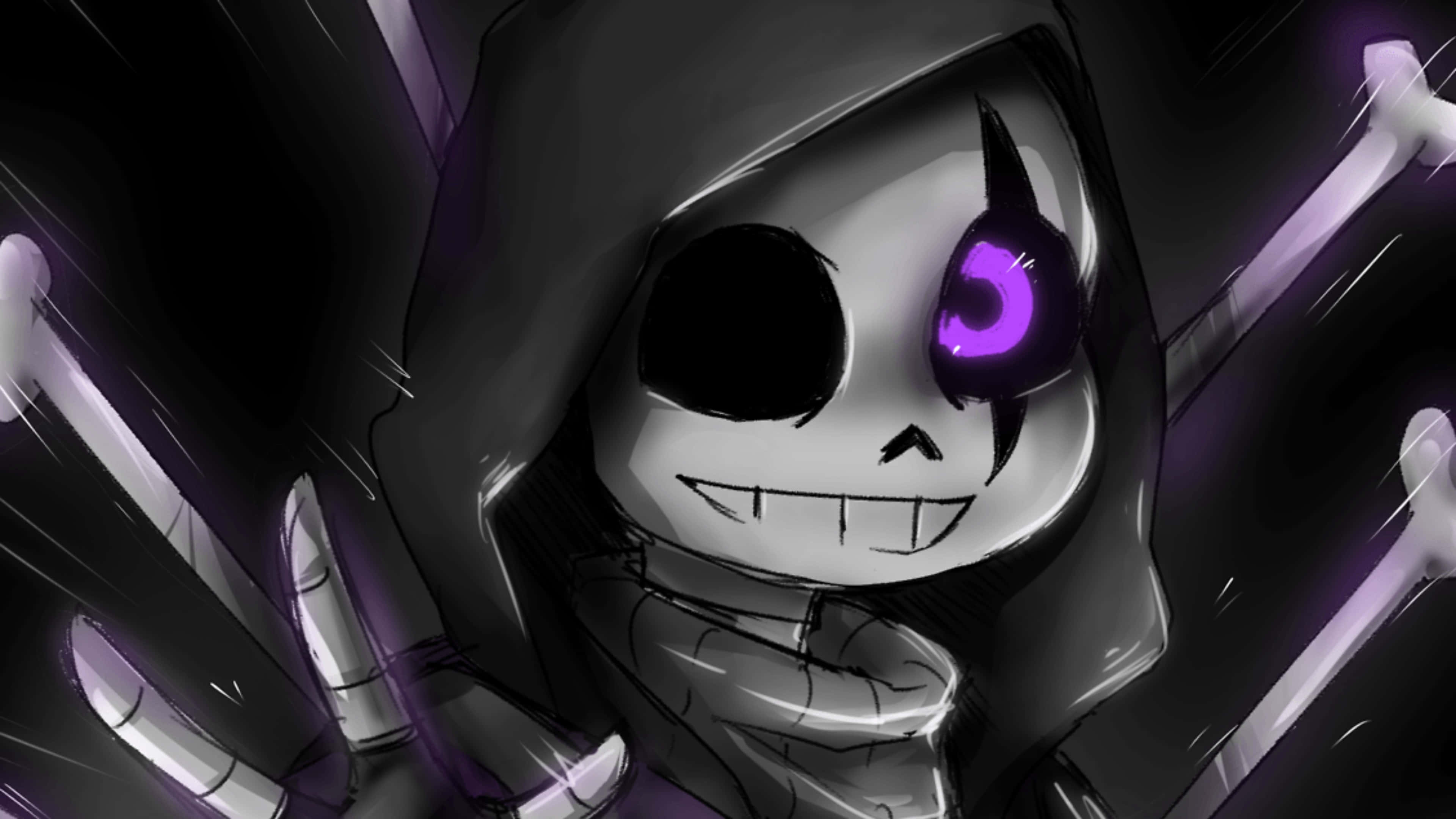 Sans 桌布 壁紙 — 一個戴著黑色兜帽的Q版骷髏在陰影背景中揮舞著發光的紫色骨頭。