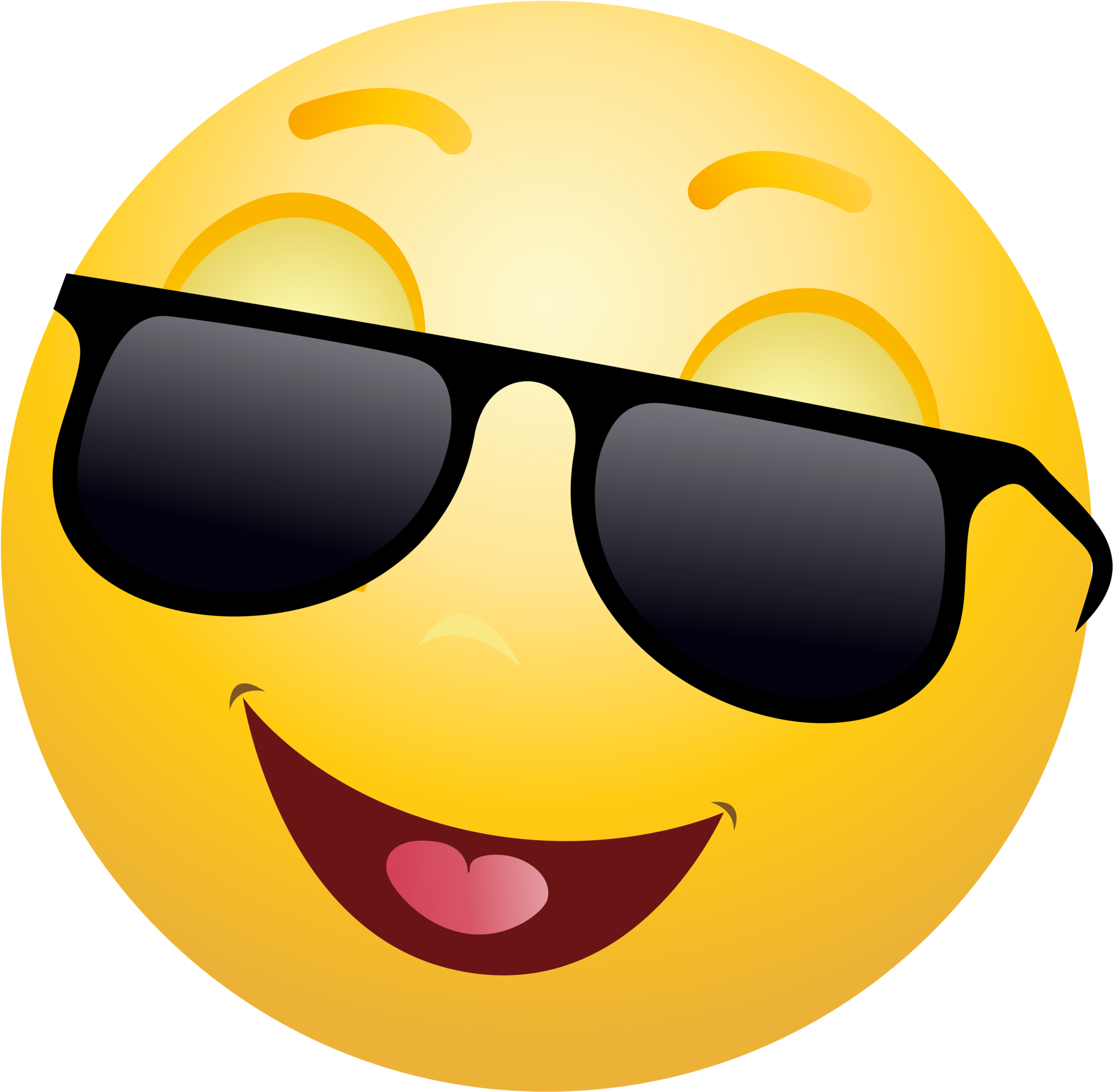 Emoticon 桌布 壁紙 — 一個戴著黑色太陽眼鏡、伸出舌頭、露出燦爛笑容的黃色表情符號。