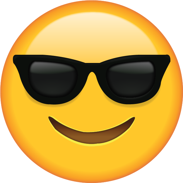 Emoticon 桌布 壁紙 — 一個戴著黑色太陽眼鏡、露出燦爛笑容的黃色笑臉表情符號，背景簡潔。