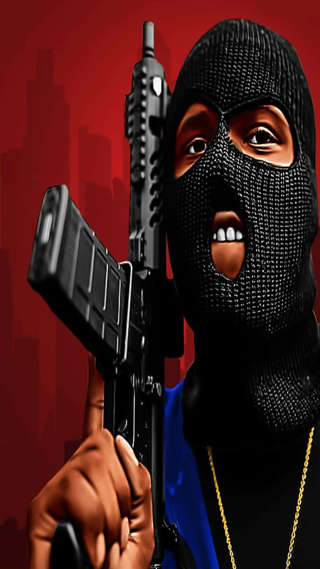 Gangsters With Guns 桌布 壁紙 — 一個戴著黑色巴拉克拉法帽的蒙面人物，在紅色城市天際線背景下持步槍，眼神凌厲，露出牙齒。