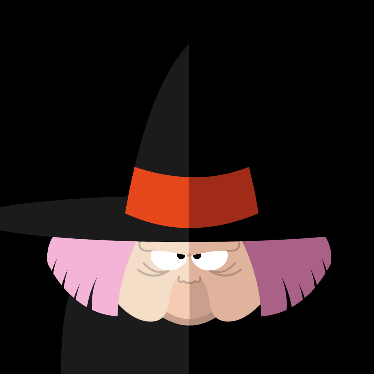 Baba Yaga 桌布 壁紙 — 一個戴著黑色帽子和粉紅色頭髮的卡通女巫，在分裂的黑色背景前憤怒地凝視。