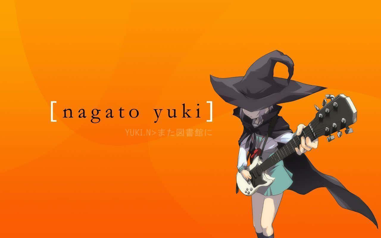 Yuki Nagato 桌布 壁紙 — 一個戴著黑色帽子的動漫女巫女孩在充滿活力的橙色漸變背景前彈奏白色電吉他。