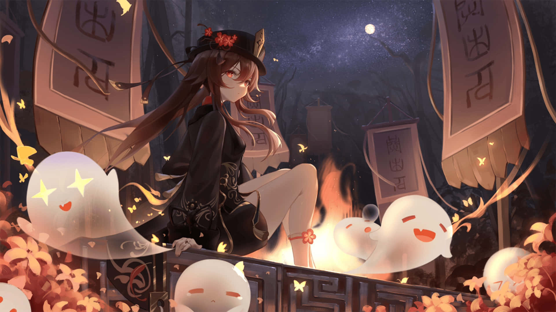 Genshin 桌布 壁紙 — 一個戴著黑色帽子的年輕動漫女孩，在星空下平靜地坐在發光的幽靈和秋葉之中。