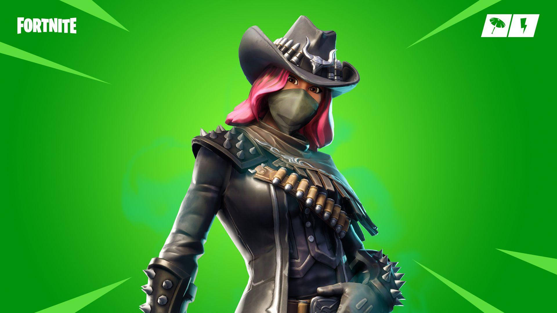 calamity fortnite 桌布 壁紙 — 一個戴著黑色牛仔帽和面具、粉紅色頭髮的Fortnite角色站在充滿活力的綠色背景前。