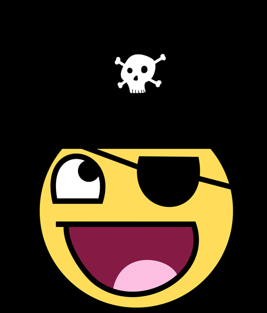 Happy Face 桌布 壁紙 — 一個戴著黑色眼罩和骷髏帽的黃色海盜表情符號在黑色背景上開懷大笑。