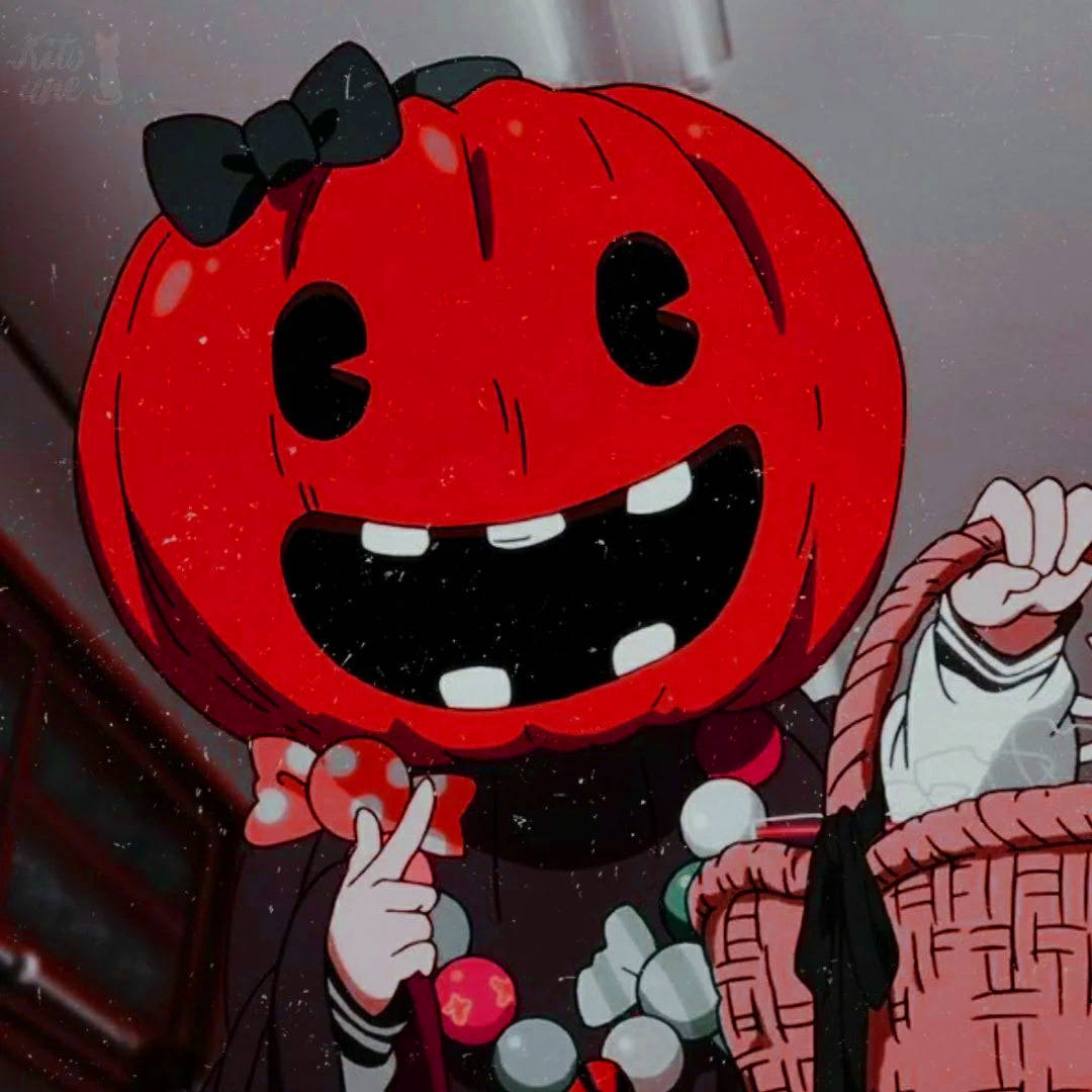 Pumpkin 桌布 壁紙 — 一個戴著黑色蝴蝶結、南瓜頭的開心動漫女孩，微笑著拿著糖果籃。