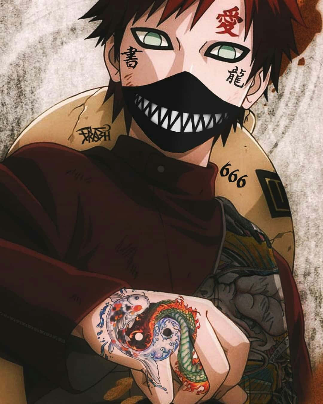 Dope Naruto 桌布 壁紙 — 一個戴著黑色面具、擁有尖銳牙齒的動漫角色，身上佈滿漢字和數字，手持鯉魚紋身。