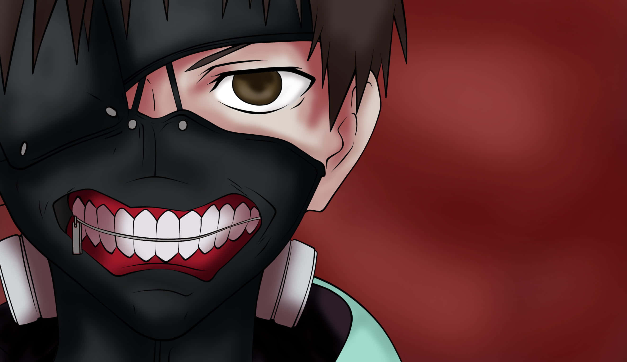 Kaneki's Mask 桌布 壁紙 — 一個戴著黑色面具和牙套的威脅性動漫角色在深紅色背景上咧嘴笑。