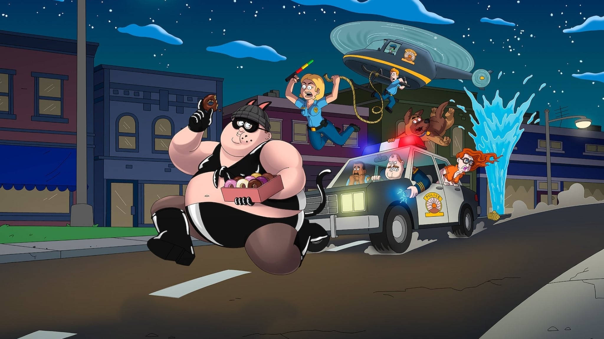 Cartoon Characters 桌布 壁紙 — 一個戴著黑色面具和穿著內褲的卡通反派在街上奔跑，被一輛閃著燈光和飛行角色的警車追趕。