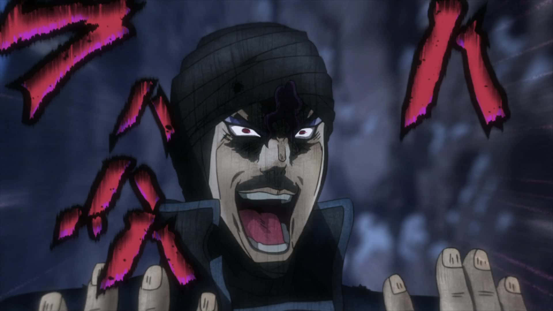 Jojo's Bizarre Adventure Kars 桌布 壁紙 — 一個戴著黑色頭巾、擁有強烈紅眼的動漫角色，在黑暗暴風雨背景前，周圍爆發鋸齒狀紅色能量，正在尖叫。