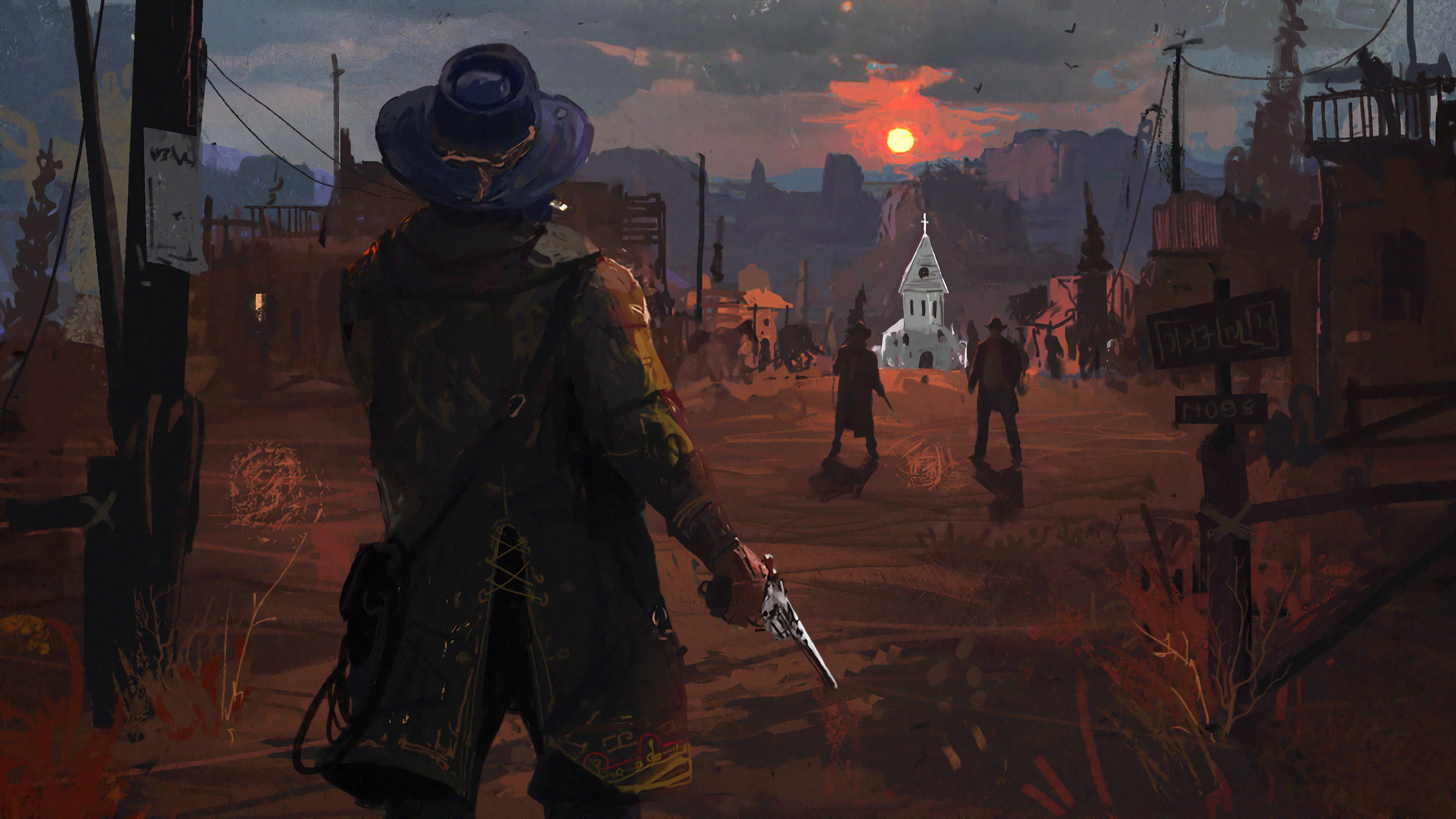 Red Dead Redemption 2 Desktop 桌布 壁紙 — 一個戴藍帽的孤獨牛仔在日落時分手持左輪手槍走過塵土飛揚的西部小鎮，遠處有一座教堂和兩個人影。