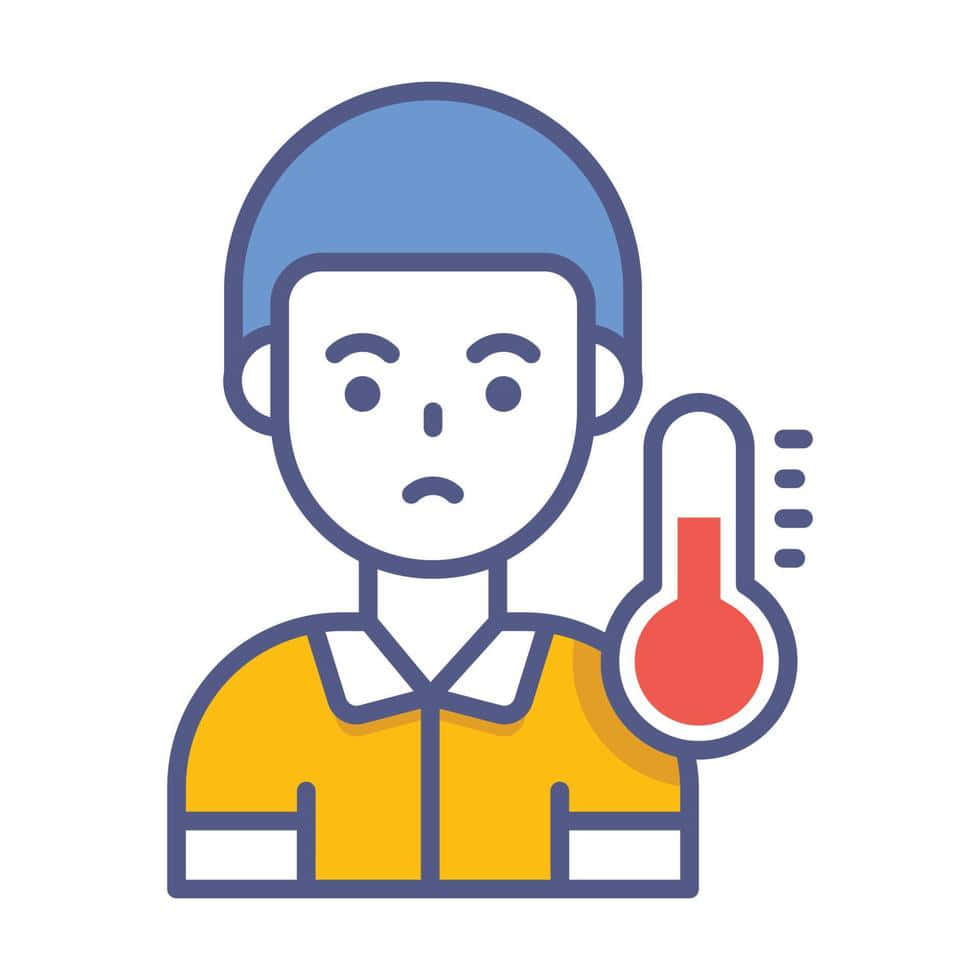 生病 桌布 壁紙 — 一個戴藍色帽、穿黃色衫的風格化人物手持紅色溫度計，顯示高溫。