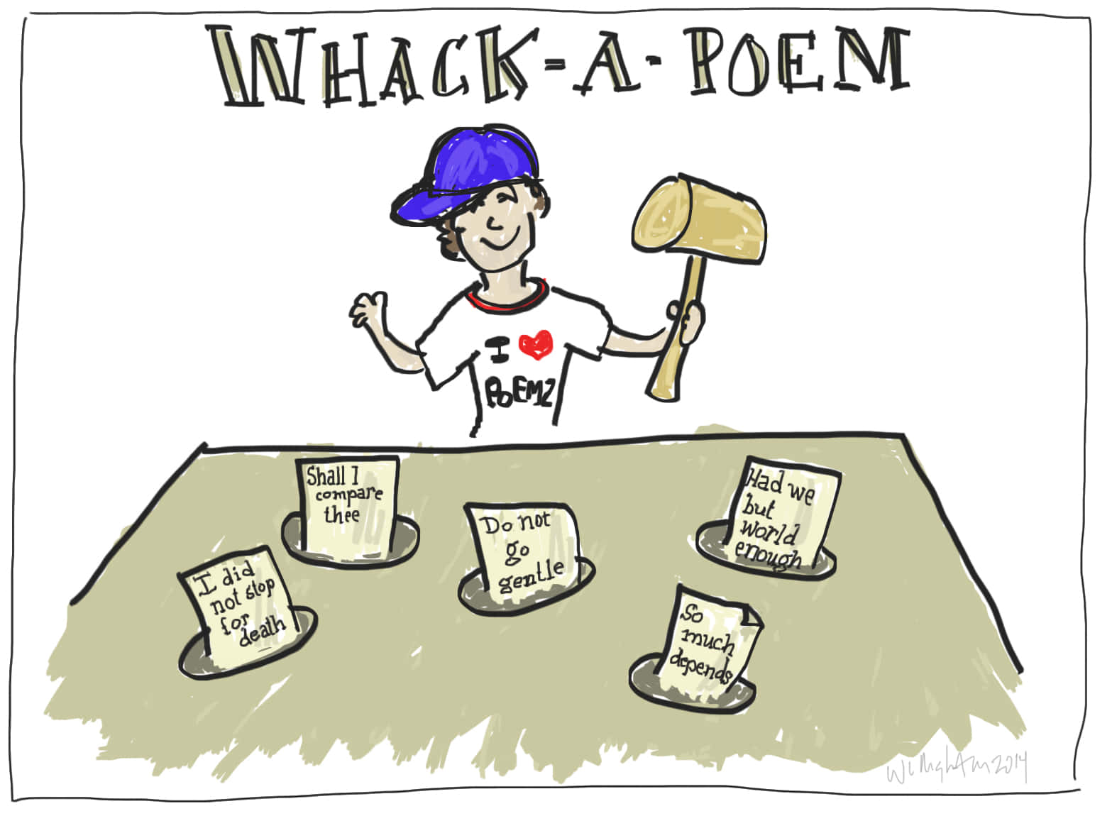 poetry 桌布 壁紙 — 一個戴藍色帽子、穿「I ❤️ POEM」T恤的卡通人物，手持木槌，桌上小碗裡放著「Do not go gentle」和「I did not stop for death」等詩句。