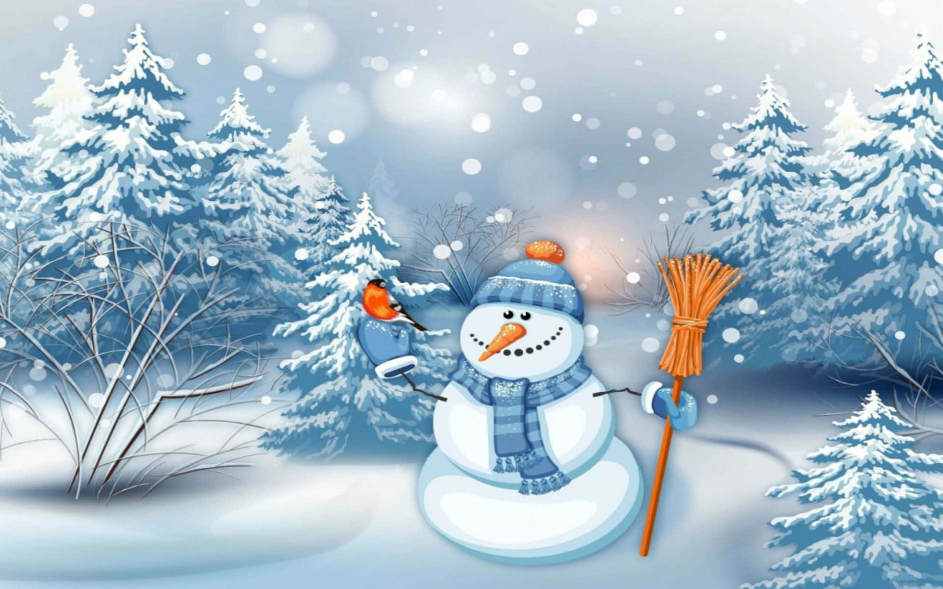 雪 桌布 壁紙 — 一個戴藍色帽子和圍巾的快樂雪人拿著掃帚，一隻鮮紅色的鳥棲息在它戴手套的手上，背景是白雪皚皚的森林。
