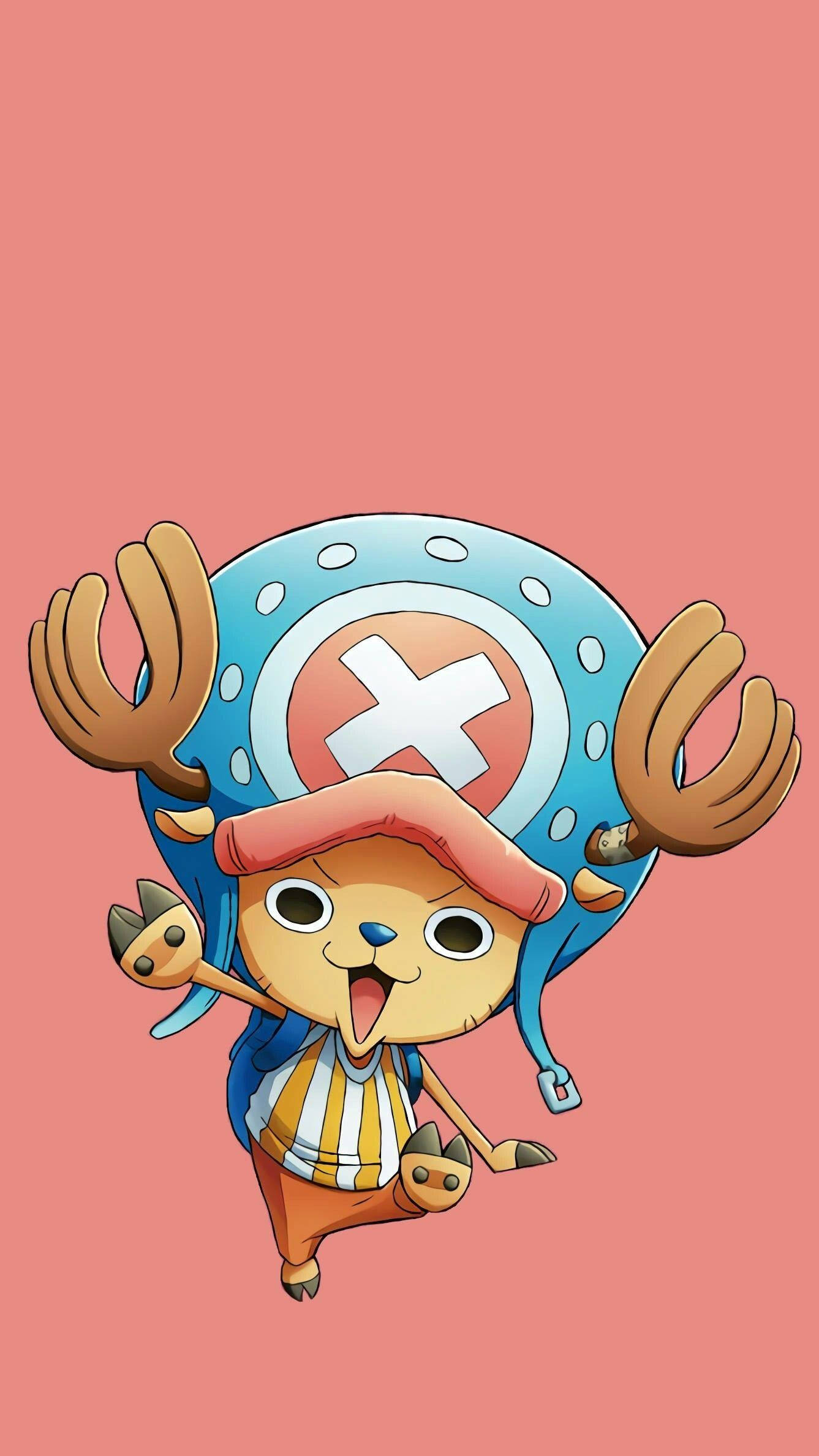 One Piece Phone 桌布 壁紙 — 一個戴藍色帽子和條紋衫的開心Q版猴子海盜，在純粉紅色背景上快樂地跳躍。